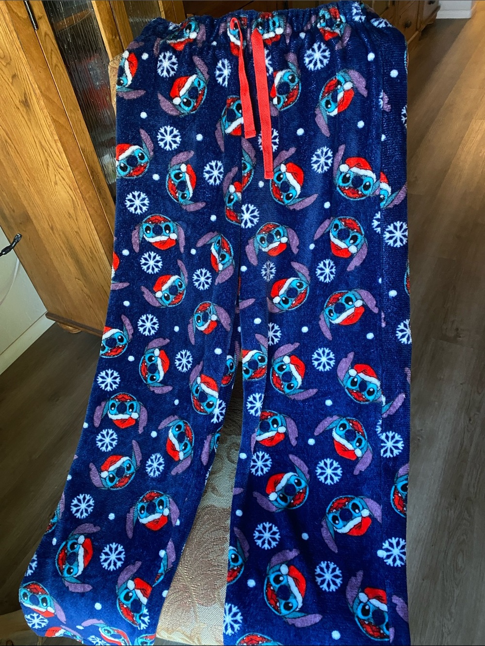 Disney Navy Blue Stitch Holiday Fleece Pajama Pants with Red Drawstring - Picture 1 of 2